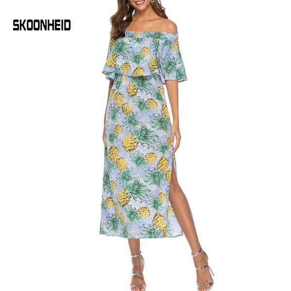 

bohemian print split tunic dress women off shoulder beach pineapple floral summer chiffon dress holiday strapless madi sundress, Black;gray