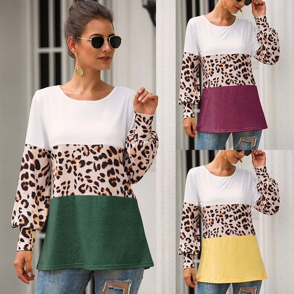 

plus size striped v neck t-shirt women ladies leopard patchwork sweatshirt lantern sleeve 2019 new casual blouse shirt tees, White