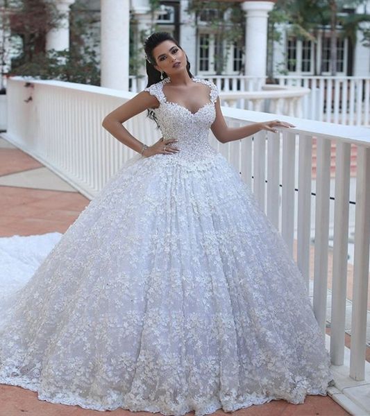 

plus size vestidos de noiva luxury arabic wedding dresses capped sleeves open back sequins floral cathedral bridal gowns, White