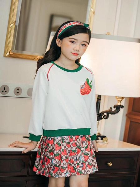 

outfits girls clothing set strawberry pattern sweatshirt above knee mini skirt preppy style pleated dress, White