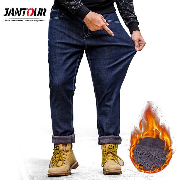 

jantour 2019 winter men's warm fleece jeans business casual thick loose denim pants brand trousers blue plus size 40 42 44 46 48