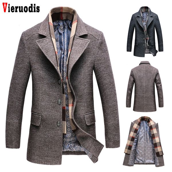 

men's winter 2019 male woolen tweed windbreake casual wool trench coat fashion business long thicken slim overcoat jacket, Black
