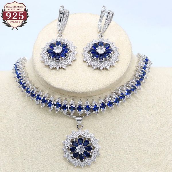 

exquisite 925 silver wedding jewelry sets for women royal blue white zircon necklace pendant bracelet earrings christmas gift