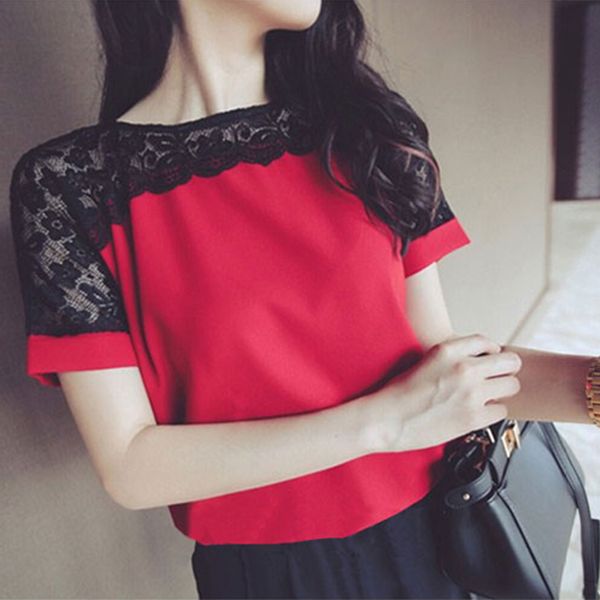 

women's blouses & shirts fashion elegant korean chiffon women lace short sleeve womens blusas femininas, White