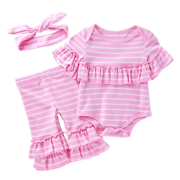 Set di vestiti autunnali per bambina carina 0-24 mesi Neonato Designer Rosa Stripe Ruffle Pagliaccetto Tute in cotone + Pantaloni + Fascia per capelli = 3 pezzi / set