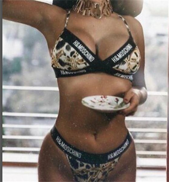 

2019 ladies backless bikini, fashion moschino trend design swimsuit halter monogram bikini, White;black