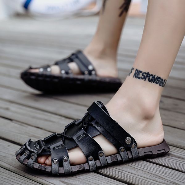 

new casual men soft sandals comfortable men summer leather sandals roman summer outdoor beach big size 47, Black
