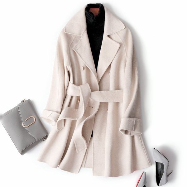 

women's wool & blends double sided cashmere overcoat mid autumn 2021 korean version belt coat loose and versatile baby collar, Black