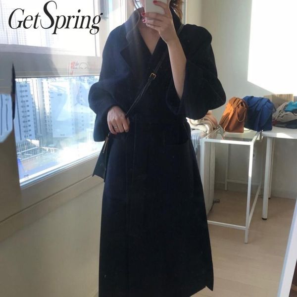

getspring women woolen coat solid long sleeve winter woolen jacket temperament black overcoat loose long outerwear autumn winter