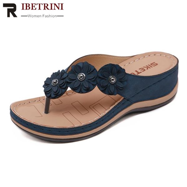 

ribetrini female summer shoes woman round toe flower low heel slippers women 2020 sewing casual holiday slippers, Black
