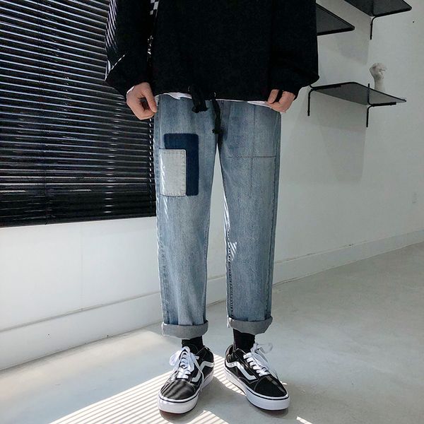 

мужские джинсы 2019 осень и зима новые свободные прямые швы патч джинсы молодые люди личность мода мужская одежда, Blue