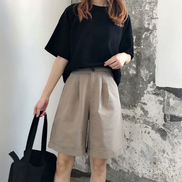 

summer korean wide leg pants women cropped trousers high waist casual pants female hippie black solid ladies half trouser, Black;white