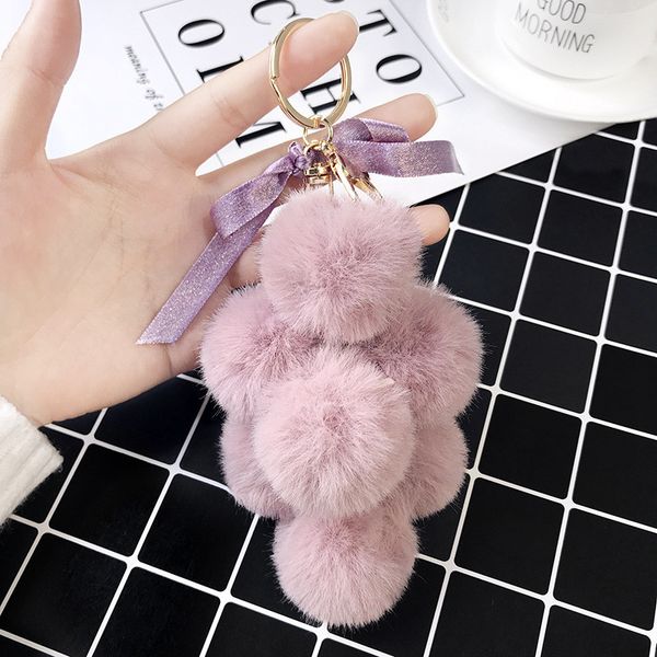 

ins simulation bunch of grapes metal keychain pendant women fluffy fur pom pom keyring bag hang, Silver