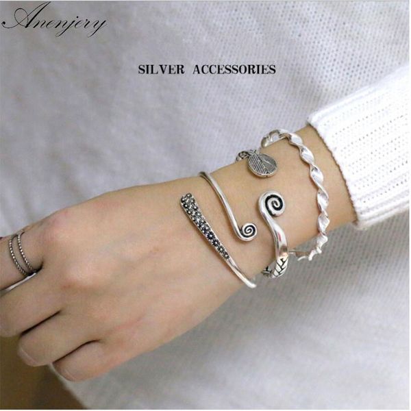 

anenjery vintage 925 sterling silver 3 models handmade caverd twisted thai silver cuff bracelets & bangls spulseras s-b88, Black
