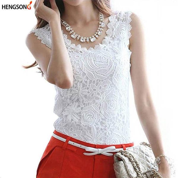 

women lace vest sleeveless o-neck floral vest tees summer women solid color camis ladies work wear shirt, White