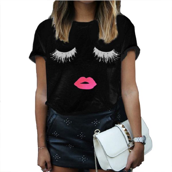 

2019 summer selling women t shirts europe fashion brand lips mouth printed white black loose short sleeve female t shirt