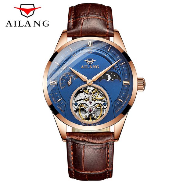 

ailang men automatic mechanical watch top fashion casual leather moon phase luminous sports watches relogio masculino, Slivery;brown