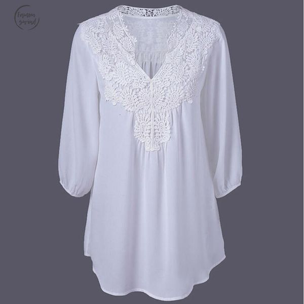 

новые 2019 весна женщины блузы lace hollow v образным вырезом рубашки плюс размер сыпучие три четверти рукавом рубашки шифон женщины, White