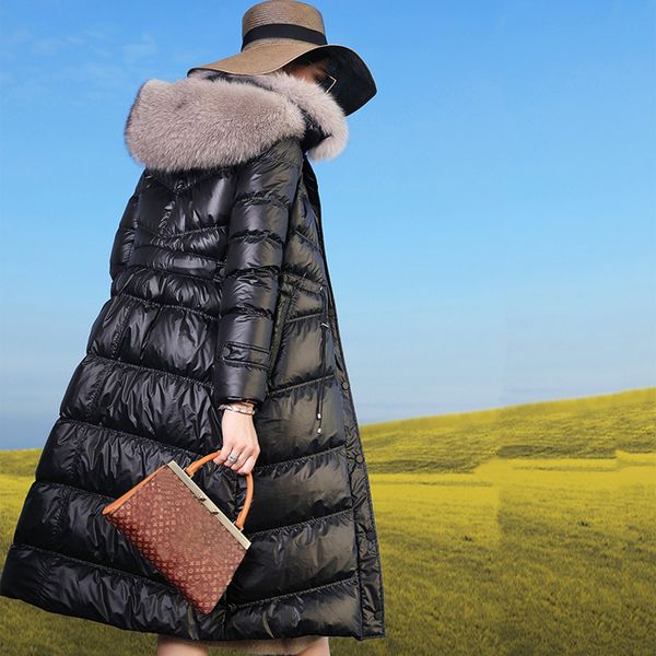 

large real fox fur 2020 winter women down coat hooded thick warm parkas snow female long jacket double fox fur down parka, Black