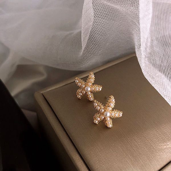 

s925 tremella needle pearl starfish advanced sense all-match small goddess delicate charming commuting earrings female charm, Golden