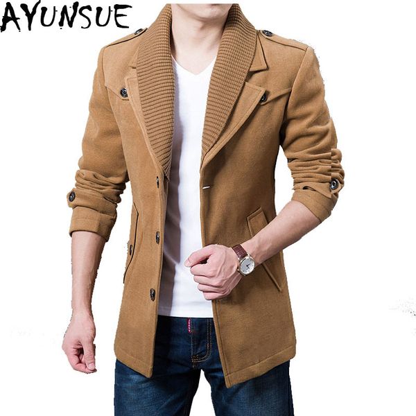 

ayunsue new 2019 antunm winter fashion woolen coats men long slim jackets male overcoat knitting collar plus size 3xl lx795, Black