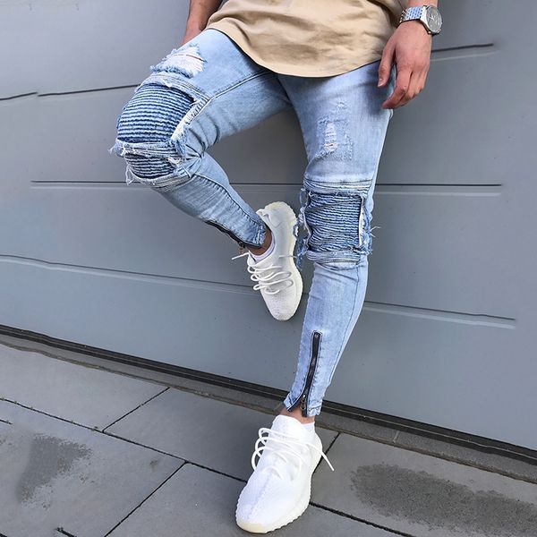 

new skinny jeans for male distressed stretch jeans men blue fashion ripped skinny pants slim fit dropshipping supply tape design