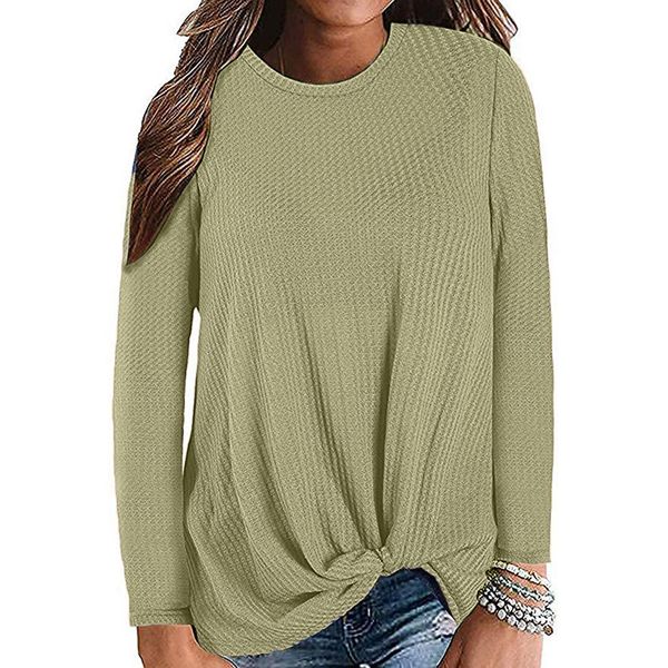 

womens casual knot waffle knit sweater autumn solid color long sleeve shirts winter o-neck colorful loose blouse #y5, White;black