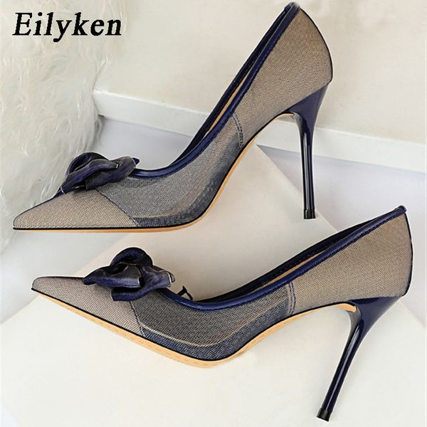 

eilyken 2020 new spring autumn high valentine lace mesh women pumps butterfly-knot pumps heels 9.5cm wedding shoes size 34-40, Black
