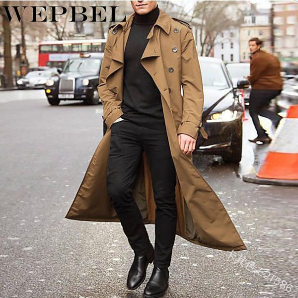 

wepbel мужчины длинный тренч пальто полный рукав повседневная мода зима весна карманы на пуговицах отложной воротник мужские пальто, Tan;black