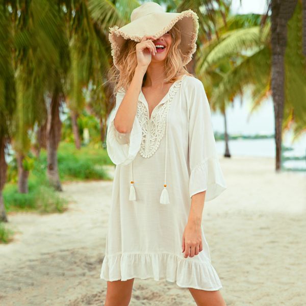 

new beach cover up cotton beach cape sarong swimsuit cover up solid white shirt dress tunic kaftan bathing suit beachwear