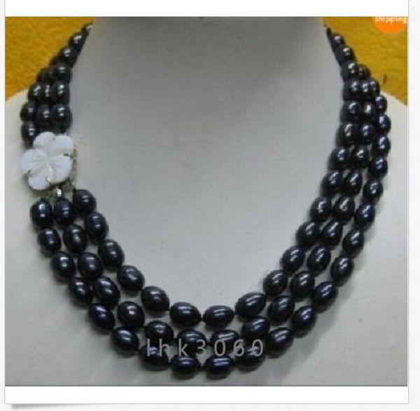 

3 rows 10-12 south sea black natural pearl necklace 17" 18" 19" beautiful clasp, Silver