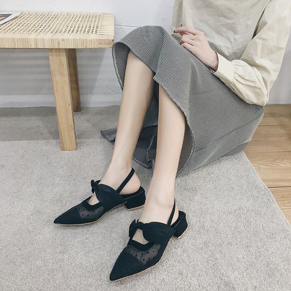 

women shoes ladies sandals 2020 spring and summer new wave dot mesh yarn pointed bow heel sandals woman sandals c18, Black