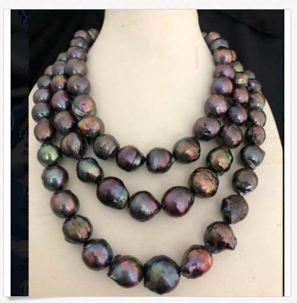 

stunning13-15mm huge tahitian baroque black blue pearl necklace 48inch 925s, Silver