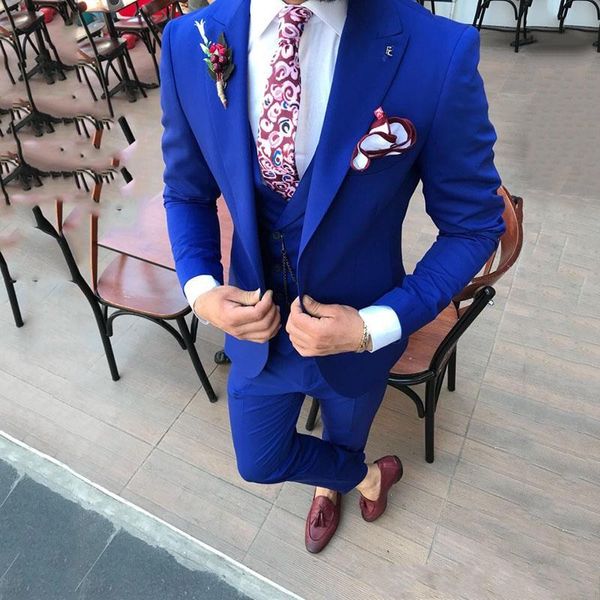 Alta qualità One Button Royal Blue Wedding Smoking dello sposo Picco risvolto Groomsmen Uomo Abiti da ballo formale Sposo (Giacca + Pantaloni + Vest + Cravatta) W107