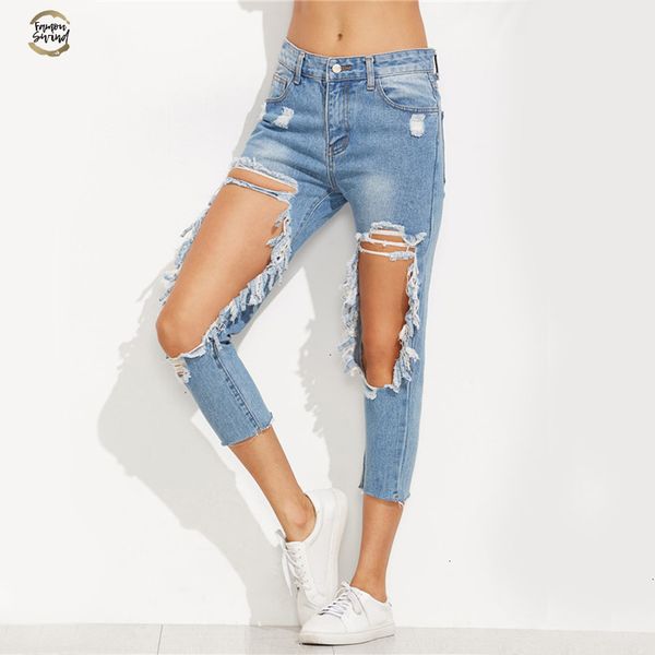 

extreme distressed cropped jeans women blue cut out skinny denim acetate pants autumn mid waist button fly casual jeans