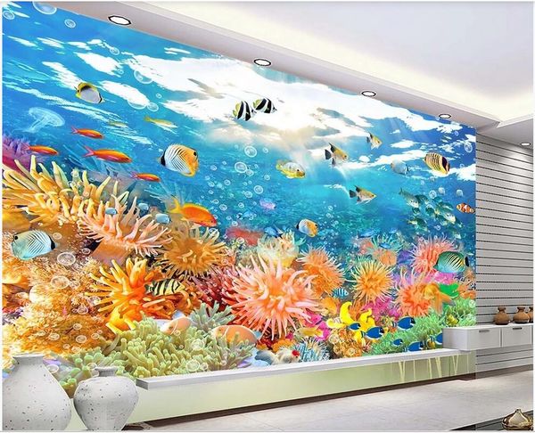 

3d room wallpaper custom p non-woven mural fish tank underwater world coral reef fish school seascape tv background wall 3d wall murals
