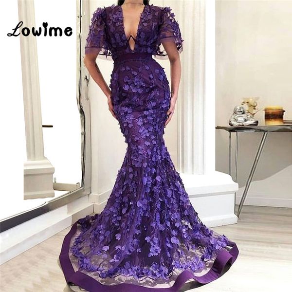 

purple flower mermaid evening dresses v neck with short sleeves wedding party dress 2019 couture long prom dresses formal gowns, White;black