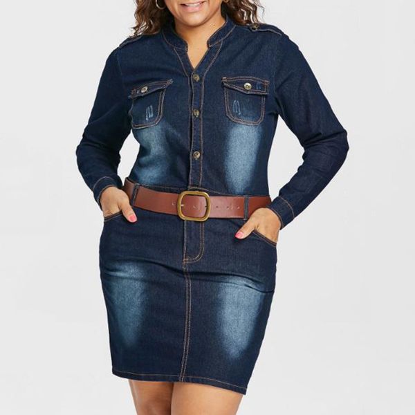 

womens dress women designer clothes plus size 5xl jean dress with belt sheath stand collar long sleeves dresses vestidos causal dress, Black;gray