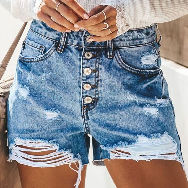 

mid waist high street ripped denim jeans shorts women, Blue