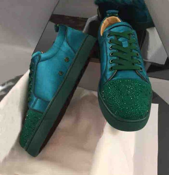 

2020 green white velvet suede leather red bottom men's sneakers shoes strass toe red soles men,women casual rhinestone walking shoes, Black