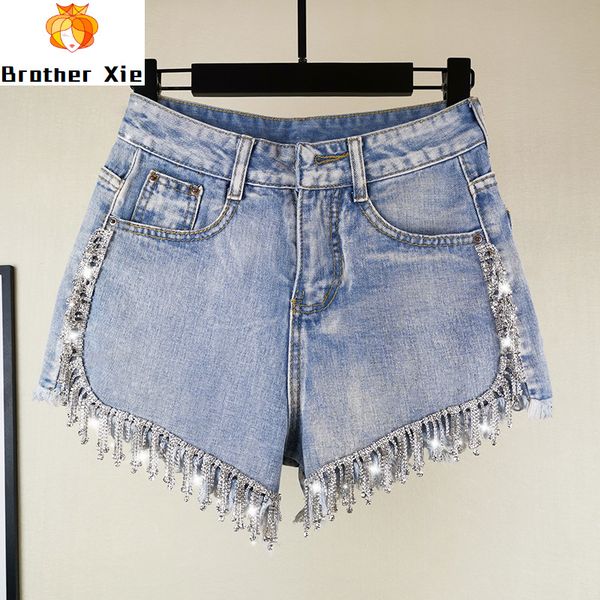 

pants women new denim shorts 2020 summer new loose jean pants hand-studded flash diamond tassels high waist denim shorts, Blue