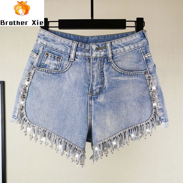 Calças quentes femininas novos shorts jeans 2020 verão novo solto calças jeans mão-cravejado flash diamante borlas cintura alta denim shorts