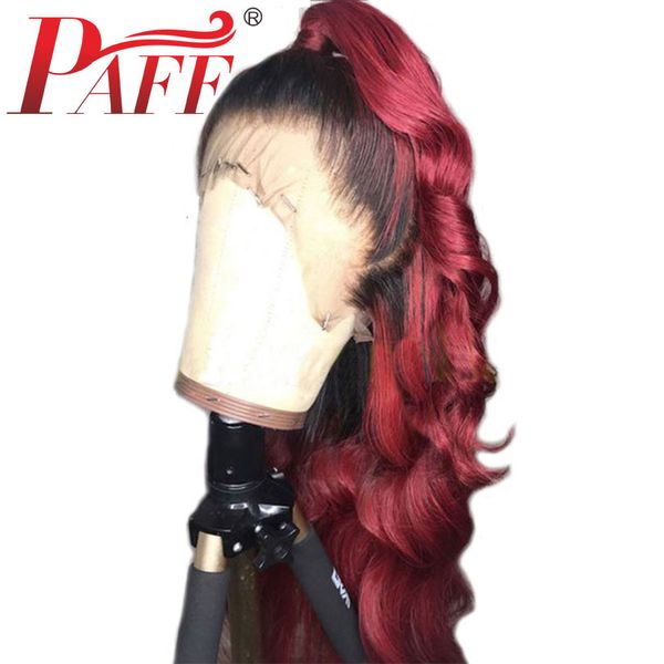 

paff glueless ombre body wave 13x3 lace front human hair wig with baby hair 1b/99j burgundy lace front wig remy hair, Black;brown