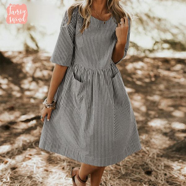 

2019 women dress o neck short sleeve half sleeve pocket loose party dress summer work ladies stripe dress sundress oversized, Black;gray