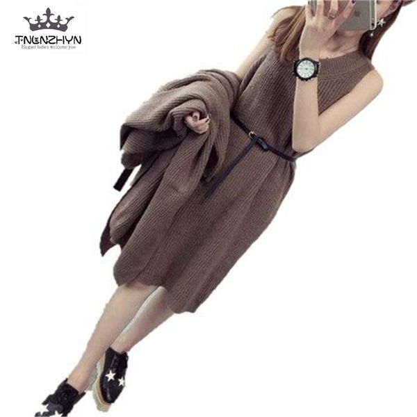 

korea style 2017 spring autumn fashion sweater dress suit long knitted cardigans sleeveless knitting dress 2 piece set sk116, White;black