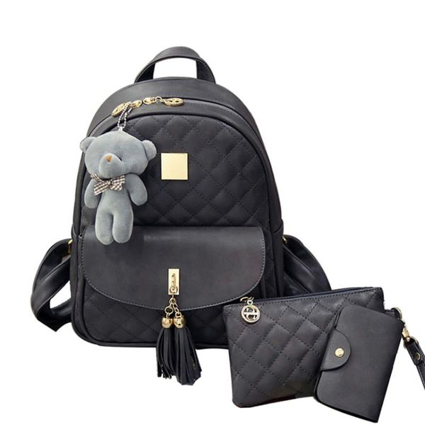 

3 pcs bear backpack women bag diamond lattice school bags for girls backpacks for women 2019 new tassel shoulder bags sac a dos
