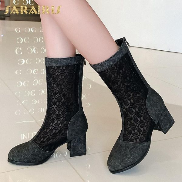 

sarairis 2020 new arrivals large size 43 zip up mid calf boots woman shoes chunky heels platform shoes women boots female, Black