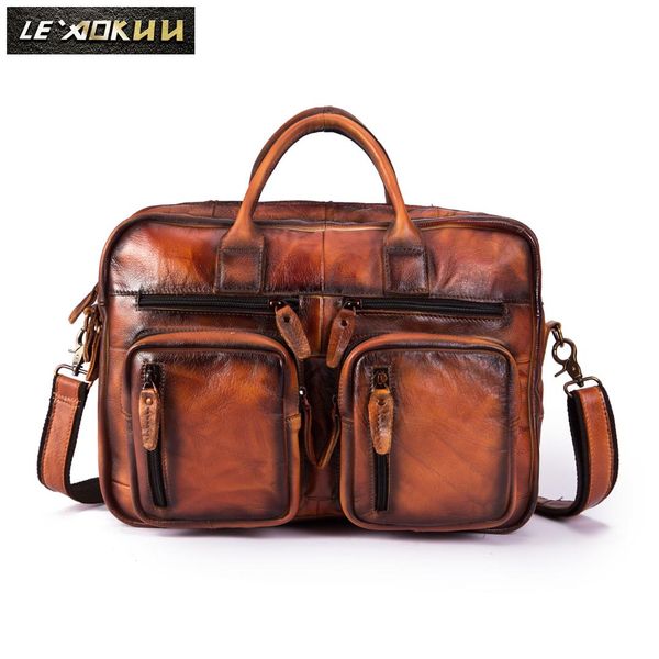 

men real leather antique design business travel briefcase lapbag fashion attache messenger bag tote portfolio male k1013-or