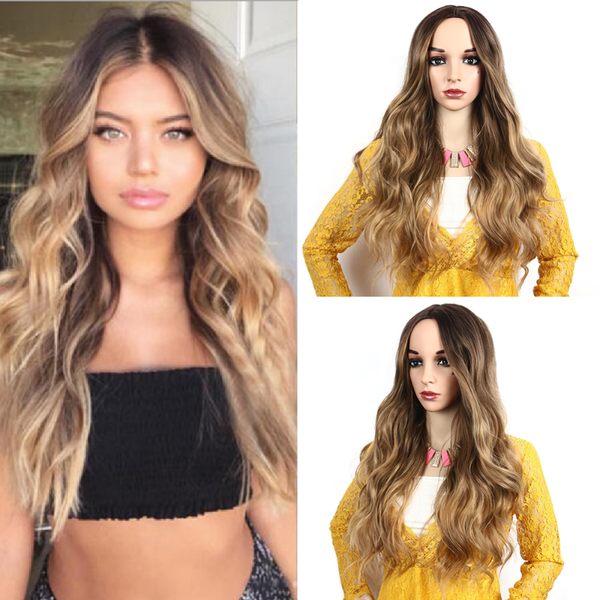 

26inch long wavy wigs synthetic hair wigs ombre blonde body wavy for women heat resistant fiber cosplay costume, Black