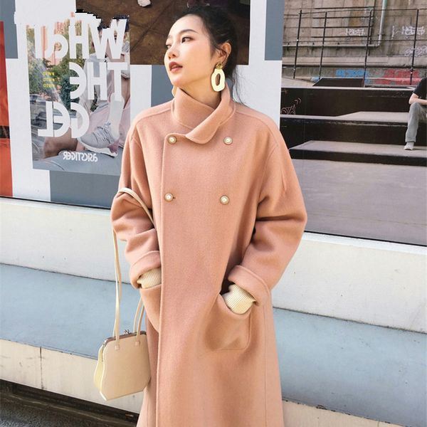 

winter stand collar pearl button women woolen overcoats full sleeve pockets women blend coats 2019 thick warm outwear, Black